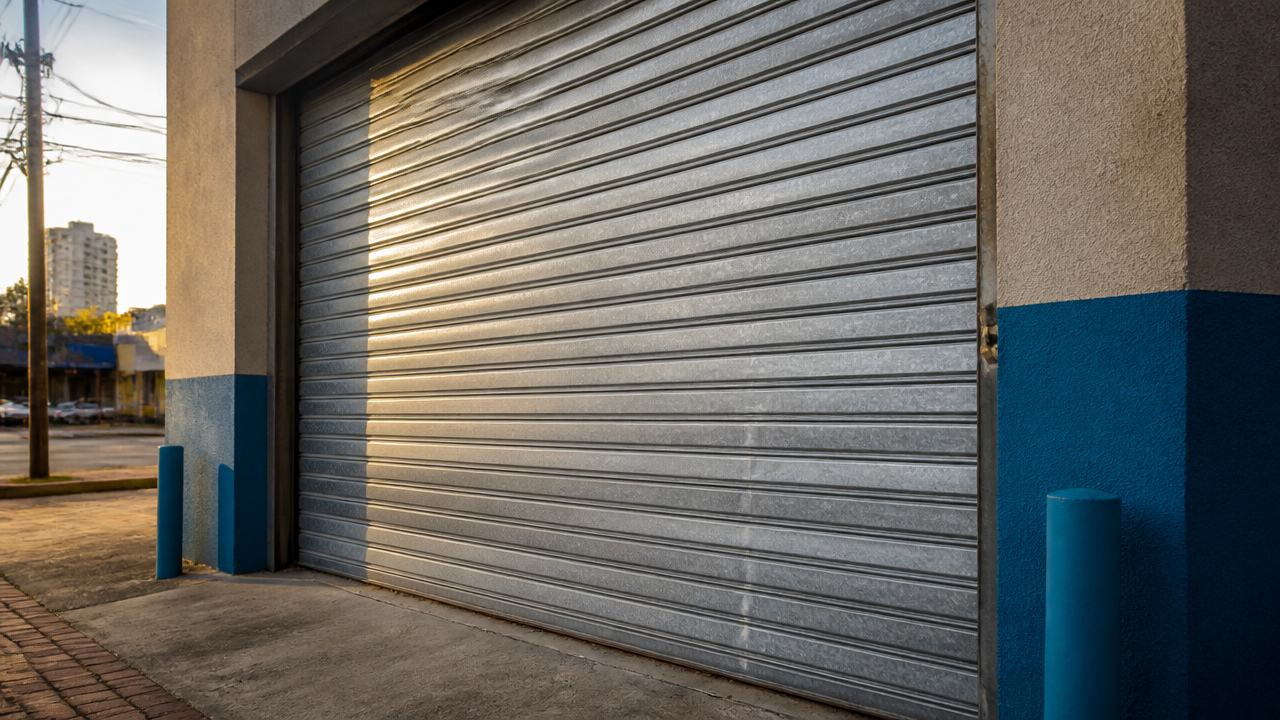 Inspeção visual de porta de aço de enrolar com sinais de desgaste em fachada comercial