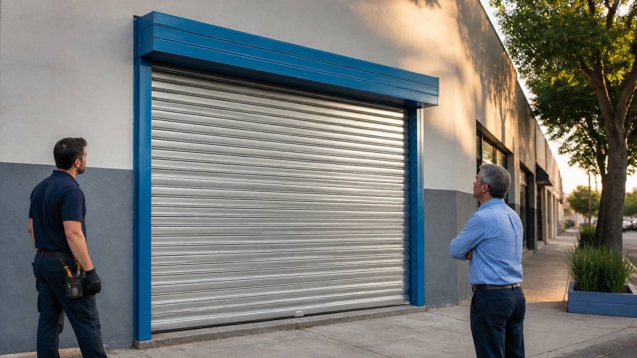 Porta de aço de enrolar automática em fachada comercial sendo avaliada antes da instalação em Campinas